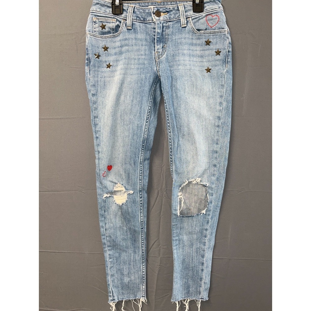 Levi's 535 Super Skinny Jeans Womens 25 Blue Denim Embroidered Heart Distressed